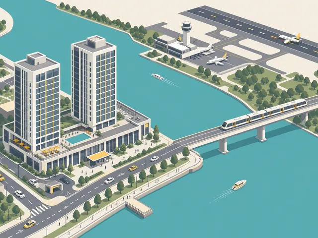 Map-style illustration of the resort by the river